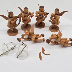 Vintage German Erzgebirge Wooden Angel Orchestra Figurines & Glass Bells AS IS